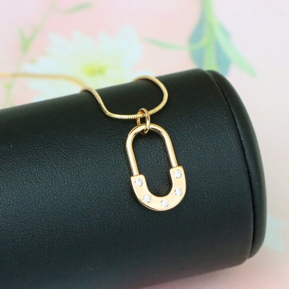 "Rose Gold Modern U-Shaped Pendant with Sparkling Stone Inlay, XPPT1223 - Picture 2 of 13